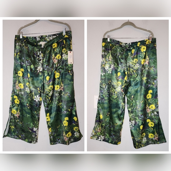 NWT Ted Baker Satin 2 Piece Pajama Set Boxy Green Botanical Birds Size XL - Picture 8 of 16